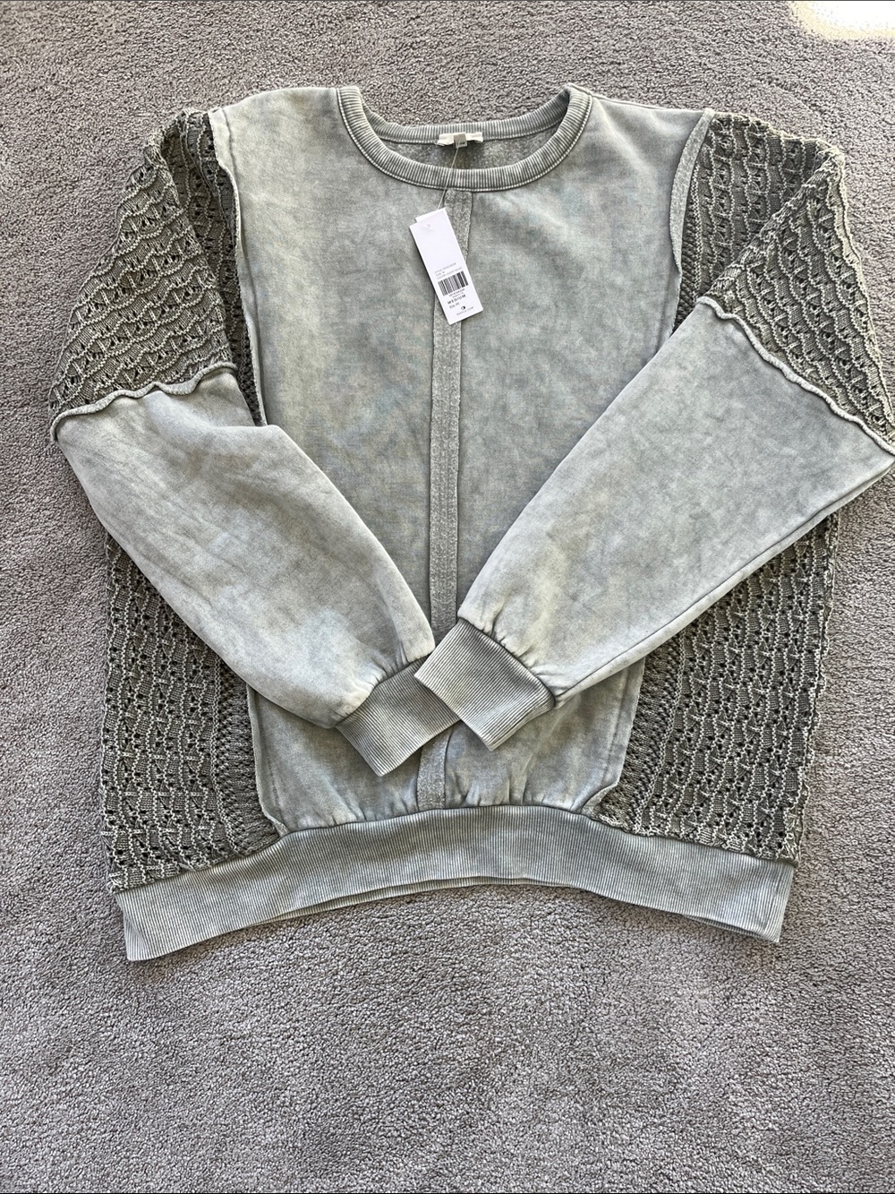 BKE Sage Green Crewneck Sweatshirt with Knit Lace Panels